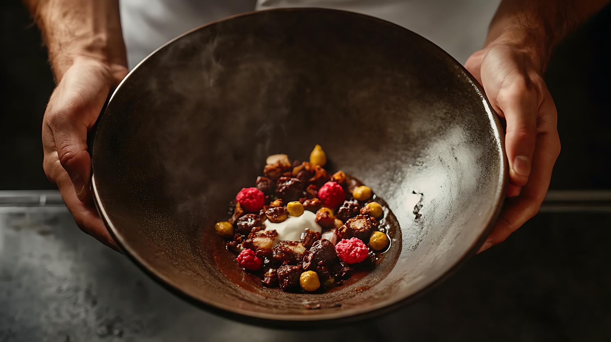 Chef arranging plated dish on a wooden table